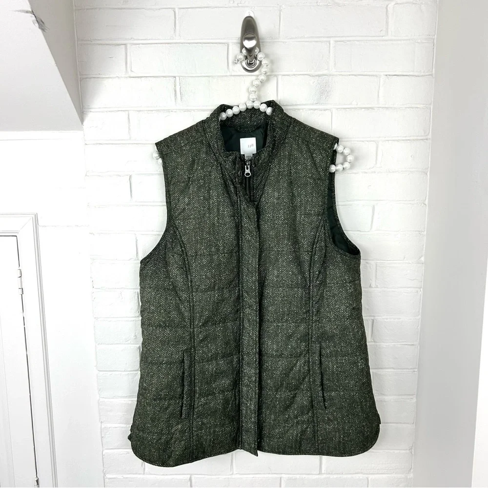 J.Jill Lightweight Green Herringbone Zip Front Puffer Vest Size M